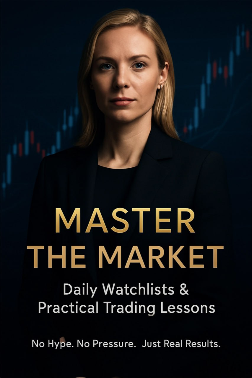Master the Market poster describing daily watchlists and practical trading lessons